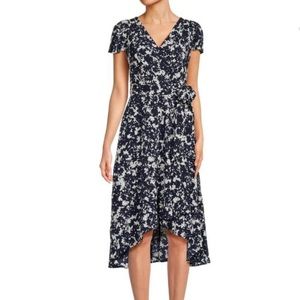 DKNY
Floral High Low
Faux Wrap Dress. Blue/Ivory.